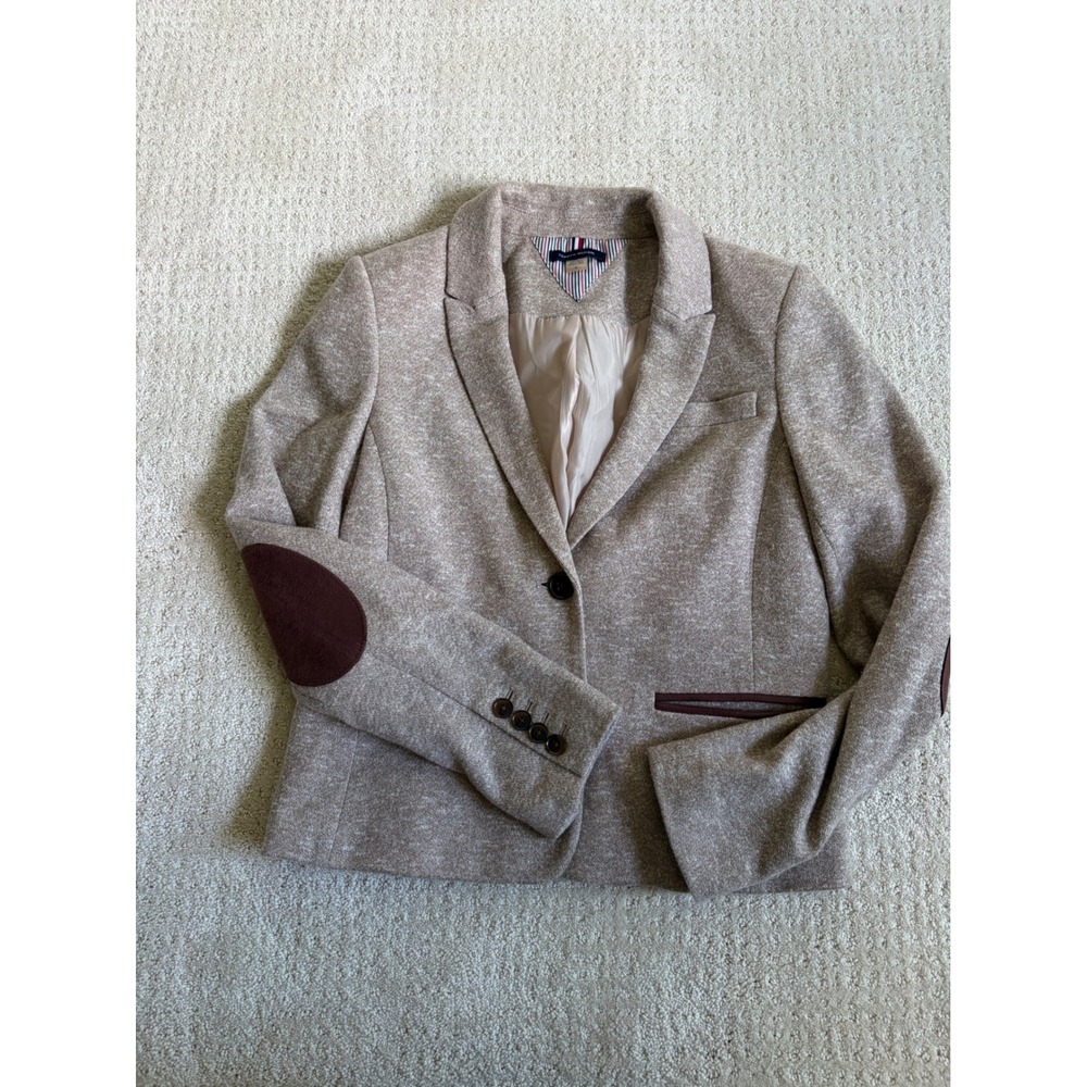 Tommy Hilfiger Blazer Womens 6 Tan Academia Elbow Patch Knit Jacket Equestrian